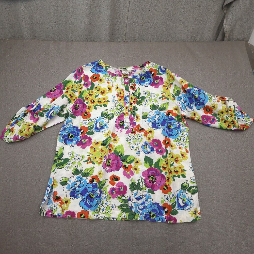 100% Linen Floral Popover Top Blouse XL Colorful Resortwear 3/4 Sleeve